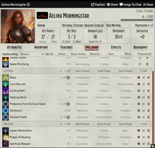 a screenshot of a game called aelina morningstar with a list of spells