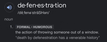 a definition of defenestration is shown on a dark background