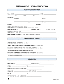 an employment / job application form with a list of personal information and employment eligibility