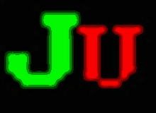 the letter j is green and the letter u is red against a black background