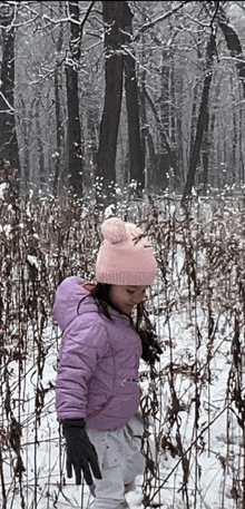 a little girl wearing a pink hat and a purple jacket is walking through the snow