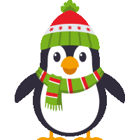 a penguin wearing a green hat and scarf with stars on it