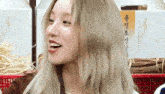 a close up of a woman 's face with long blonde hair and a necklace .