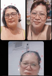 three pictures of a woman wearing glasses and earbuds