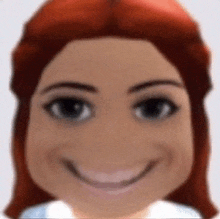 a close up of a woman 's face with red hair and a smile .