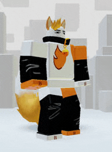 a cartoon character with a fox 's tail is standing in the snow in a video game .