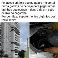 a picture of a building and a picture of a person holding a trash bag