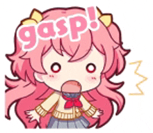 a cartoon of a girl with pink hair and the word gasp on her head