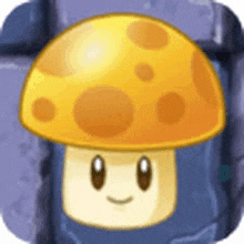 a cartoon mushroom with a yellow hat and a smiling face is standing next to a brick wall .