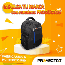 an advertisement for proyectot shows a black backpack on a podium