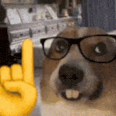 a dog wearing glasses and a yellow hand giving a rock and roll sign .