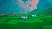 a video game shows two rockets being launched in a grassy field