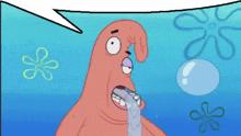 patrick star from spongebob squarepants is crying with a speech bubble above him