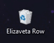 a white trash can with a blue recycle symbol on it and the name elizaveta row below it