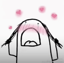 a black and white drawing of a person crying with pink hearts around them .