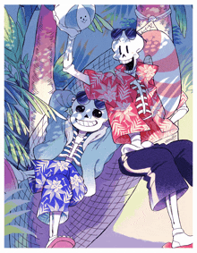 a drawing of two skeletons wearing hawaiian shirts and shorts