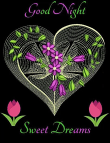 a heart with purple flowers and green leaves is on a black background and says good night sweet dreams .