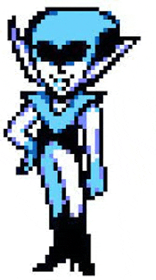 a pixel art of a cartoon character wearing sunglasses and a blue outfit .