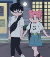 a boy and a girl are holding hands and the girl has a shirt with a panda on it