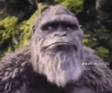 a statue of a gorilla with a beard is standing in the woods and looking at the camera .