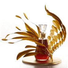 a bottle of red liquid is surrounded by gold leaves and feathers