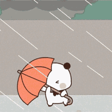 a cartoon of a panda bear holding an orange umbrella in the rain