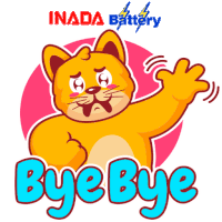 a cartoon cat says bye bye in front of a logo for inada battery