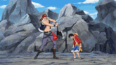 a man holding a large axe stands next to a boy in a monkey d luffy costume