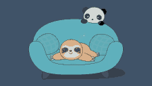 a cartoon sloth sleeping on a blue couch with a panda sitting on top of it