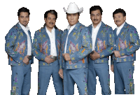 a group of men wearing blue jackets and cowboy hats pose for a picture