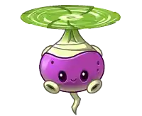 a cartoon drawing of a purple vegetable with a green leaf on top