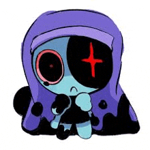 a cartoon character with a purple hood and a red cross on his eye .