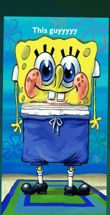 a cartoon of spongebob wearing blue shorts and black boots