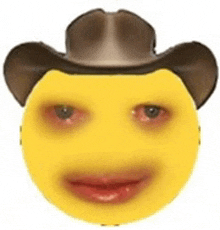 a yellow smiley face with a brown cowboy hat on