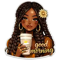 a sticker of a woman holding a cup of coffee with the words good morning written on it