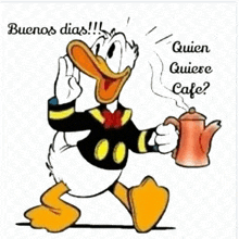 a cartoon of donald duck holding a coffee pot and a cup of coffee