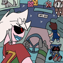 a cartoon drawing of a person driving a car with a sign that says i hate hero
