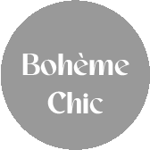 a gray circle with the words boheme chic written in white letters .