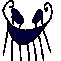 a black and blue drawing of a smiling face with sharp teeth