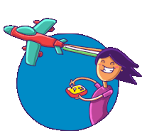 a cartoon of a woman holding a remote control and a toy airplane