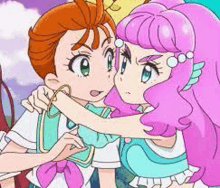 a boy and a girl are hugging each other in a cartoon . the girl has pink hair and the boy has brown hair .