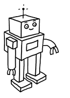 a black and white drawing of a robot with a heart on its hand .