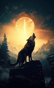 a wolf is howling at the moon on top of a mountain .