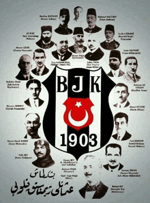 a black and white bjk 1903 logo with a red crescent moon