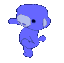 a pixel art drawing of a blue teddy bear standing on one leg .