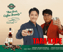 two men toasting with a bottle of emperador coffee brandy