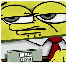 a cartoon character with a sign that says memes expert on it