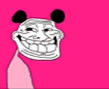 a troll with mickey mouse ears is smiling on a pink background