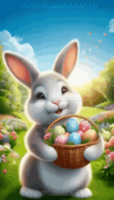 an easter bunny is holding a basket full of easter eggs