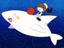 a pixel art of a girl riding on the back of a white fish